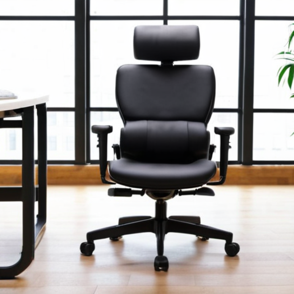 **Ergonomic Chair**: "An ergonomic chair designed to support the spine with adjustable features, showcasing its lumbar support, armrests, and height adjustment, in a modern office setting."