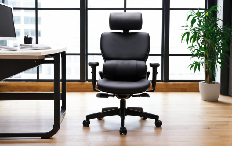 **Ergonomic Chair**: "An ergonomic chair designed to support the spine with adjustable features, showcasing its lumbar support, armrests, and height adjustment, in a modern office setting."