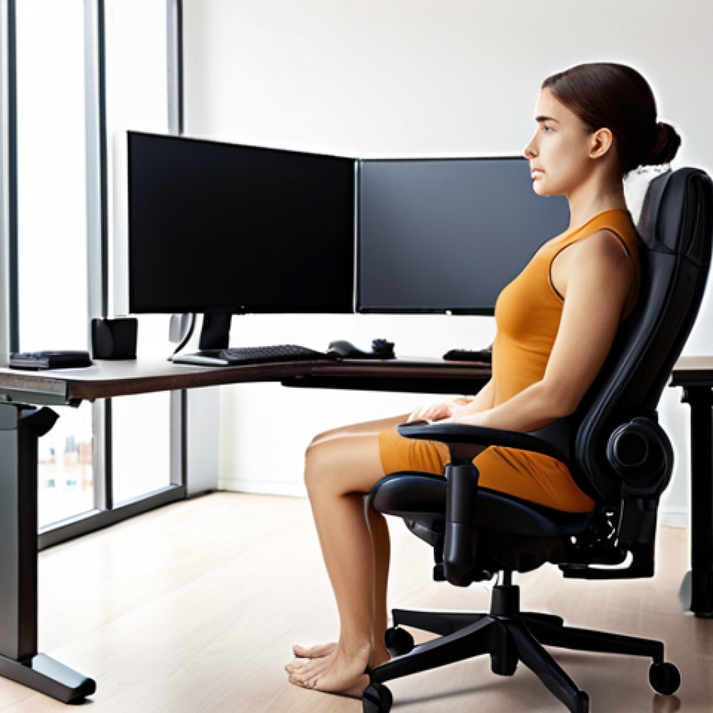 Ergonomic office setup: adjustable chair supporting spine, arms at 90 degrees, monitor at eye level, proper lighting, plants, promoting comfortable posture, focus, and well-being.