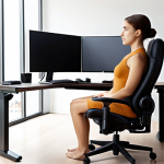 Ergonomic office setup: adjustable chair supporting spine, arms at 90 degrees, monitor at eye level, proper lighting, plants, promoting comfortable posture, focus, and well-being.