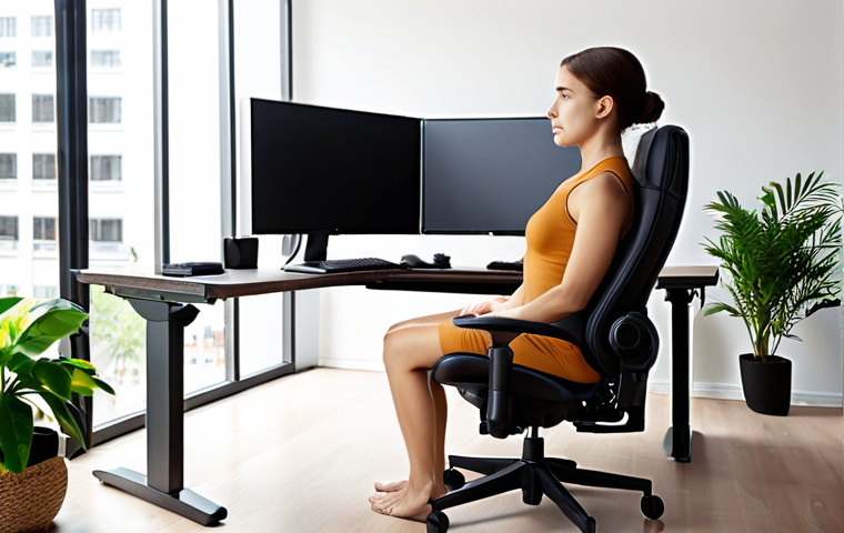 Ergonomic office setup: adjustable chair supporting spine, arms at 90 degrees, monitor at eye level, proper lighting, plants, promoting comfortable posture, focus, and well-being.