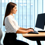 A professional adult, fully clothed in a modest business casual outfit, sitting naturally and comfortably at a sleek, modern smart ergonomic desk, hands lightly on a keyboard, maintaining excellent posture. The smart ergonomic chair is visible, showcasing its advanced, modern design. The environment is a brightly lit, clean, and minimalist home office or contemporary office space with large windows in the background. professional photography, high quality, sharp focus, vibrant colors, perfect anatomy, correct proportions, natural body proportions, well-formed hands, proper finger count, natural pose, safe for work, appropriate content, fully clothed, professional, modest attire.