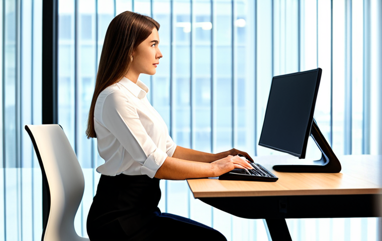 A professional adult, fully clothed in a modest business casual outfit, sitting naturally and comfortably at a sleek, modern smart ergonomic desk, hands lightly on a keyboard, maintaining excellent posture. The smart ergonomic chair is visible, showcasing its advanced, modern design. The environment is a brightly lit, clean, and minimalist home office or contemporary office space with large windows in the background. professional photography, high quality, sharp focus, vibrant colors, perfect anatomy, correct proportions, natural body proportions, well-formed hands, proper finger count, natural pose, safe for work, appropriate content, fully clothed, professional, modest attire.