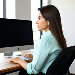 A focused professional woman, mid-30s, wearing modest business casual attire (blouse and slacks), sitting comfortably in a high-quality ergonomic office chair with prominent lumbar support and adjustable armrests. She is positioned at a modern wooden desk in a bright, clean home office. Her posture is perfectly upright, eyes looking at a computer screen (not visible). The room features warm natural light from a window and a few green plants. The image emphasizes comfort and productivity. Safe for work, appropriate content, fully clothed, professional, perfect anatomy, correct proportions, natural pose, well-formed hands, proper finger count, natural body proportions, professional photography, high quality.