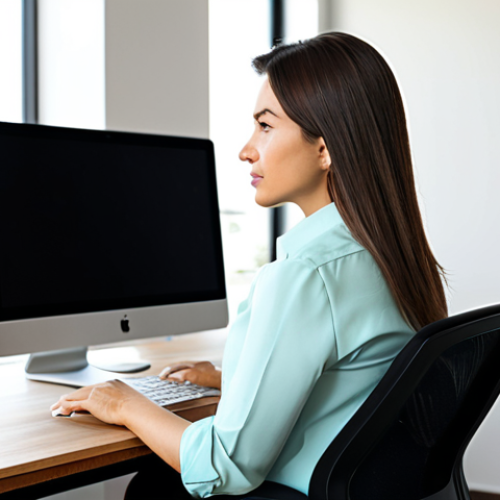 Home 9 A focused professional woman, mid-30s, wearing modest business casual attire (blouse and slacks), sitting comfortably in a high-quality ergonomic office chair with prominent lumbar support and adjustable armrests. She is positioned at a modern wooden desk in a bright, clean home office. Her posture is perfectly upright, eyes looking at a computer screen (not visible). The room features warm natural light from a window and a few green plants. The image emphasizes comfort and productivity. Safe for work, appropriate content, fully clothed, professional, perfect anatomy, correct proportions, natural pose, well-formed hands, proper finger count, natural body proportions, professional photography, high quality.