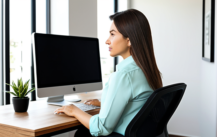 A focused professional woman, mid-30s, wearing modest business casual attire (blouse and slacks), sitting comfortably in a high-quality ergonomic office chair with prominent lumbar support and adjustable armrests. She is positioned at a modern wooden desk in a bright, clean home office. Her posture is perfectly upright, eyes looking at a computer screen (not visible). The room features warm natural light from a window and a few green plants. The image emphasizes comfort and productivity. Safe for work, appropriate content, fully clothed, professional, perfect anatomy, correct proportions, natural pose, well-formed hands, proper finger count, natural body proportions, professional photography, high quality.